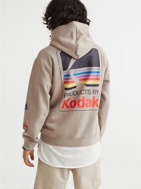 Men’s H&M x Kodak Print Film Hoodie Taupe Beige Relaxed Fit Size S